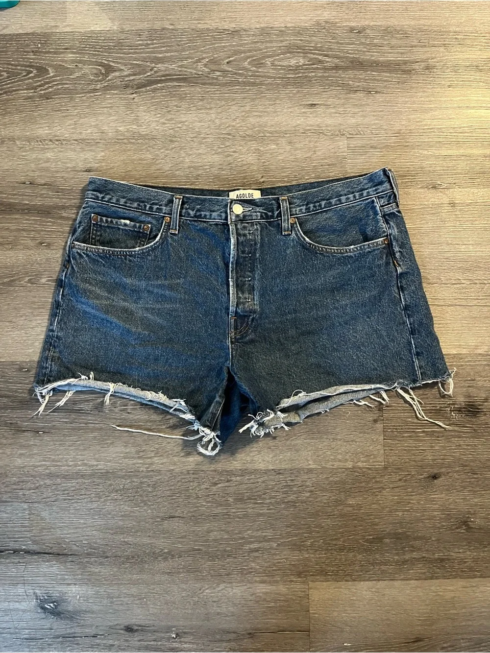 AGOLDE Blue Parker Long Denim Shorts Size 34 Raw Hem Distressed Organic Cotton